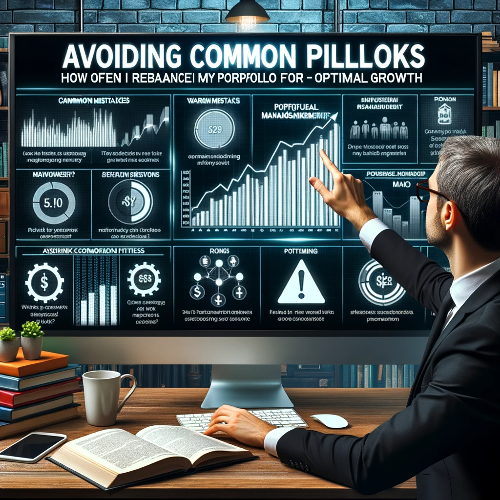 Financial advisor highlighting common mistakes in portfolio management on a digital screen, with books and a coffee mug on the desk, and the title "Avoiding Common Pitfalls