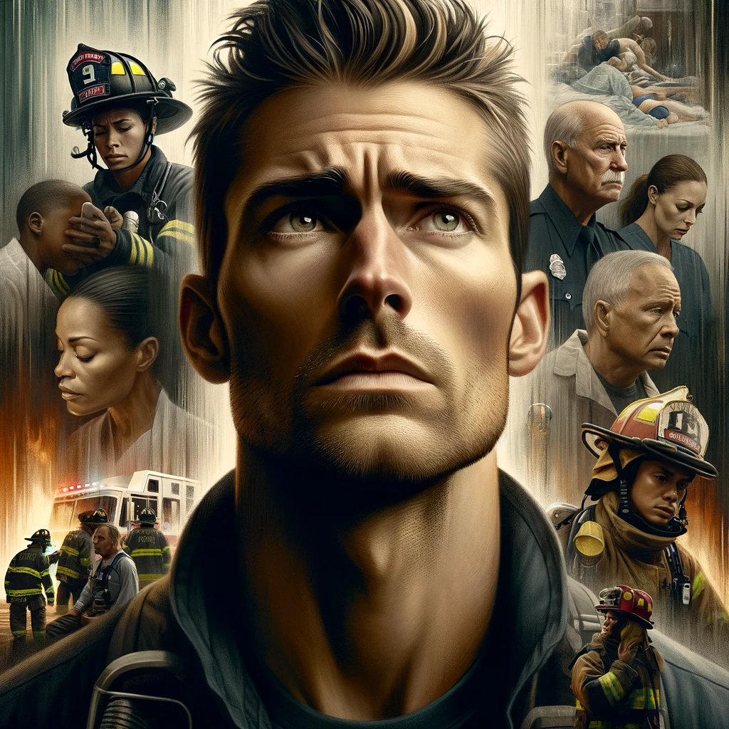Close-up of contemplative Caucasian male firefighter and diverse responders reflecting on the emotional toll of rescues.